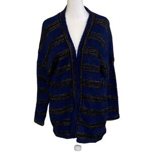 ModCloth Cozy Blue Striped Cardigan Sweater. Size L. Rainbow Thread Stitch.
